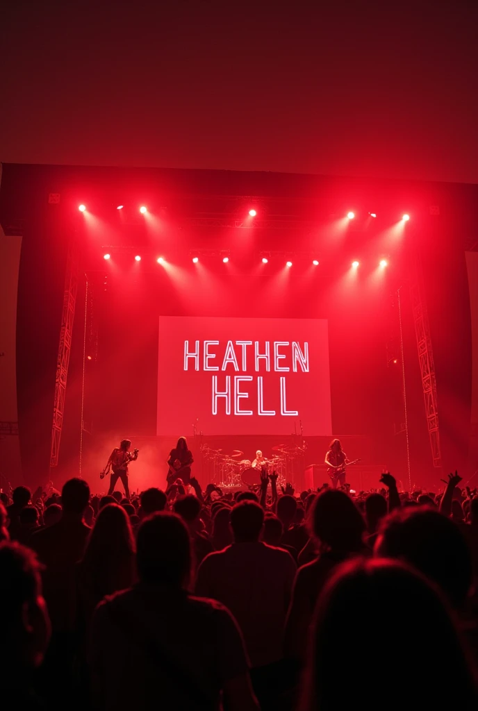 An image that alludes to a rock festival that has a mix of red and black colors, that shows a stage in the background and that alludes to music and legends, the heathen hell.