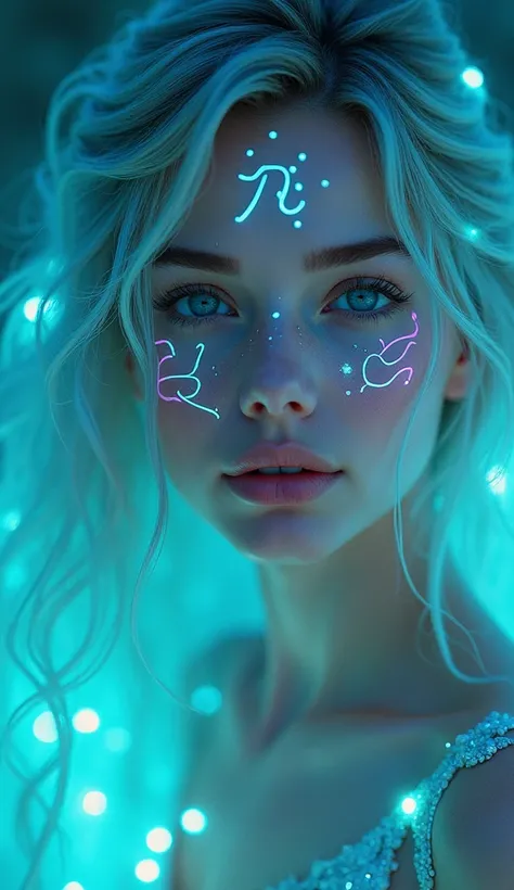 A captivating portrait of a mystical Pisces woman with radiant turquoise and violet lights illuminating her dreamy gaze. Her face is delicately marked with glowing Pisces zodiac symbols, and her hair cascades like liquid silver, shimmering with aquatic col...