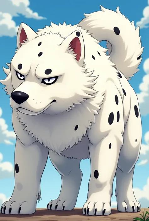 Anime style cover , a large white dog  ,  with black spots on the body  , You have a spot on your right eye and on your left ear 

Not so fat 