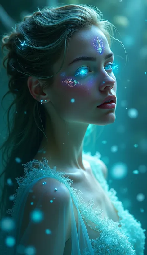 A stunning mystical woman representing Pisces, her serene expression highlighted by glowing teal and purple lights in her eyes. Her face is softly lit by radiant Pisces zodiac patterns, appearing as gentle ripples of light. The atmosphere around her feels ...