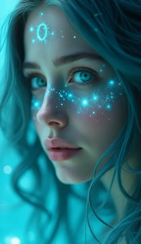 A close-up of a mystical Pisces woman with glowing aqua eyes that seem to hold the depths of the ocean. Her face is kissed by soft, radiant Pisces symbols glowing in shades of turquoise. Her long, flowing hair is illuminated by a gentle lavender light, ble...