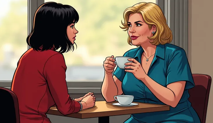  A slightly fat adult woman with short dark blond hair, in a blue dress,  Sits in a cafe with her friend . The second woman in the red pantsuit . hair is dark. brown eyes. Women drink coffee.
Image style - Marvel Comics