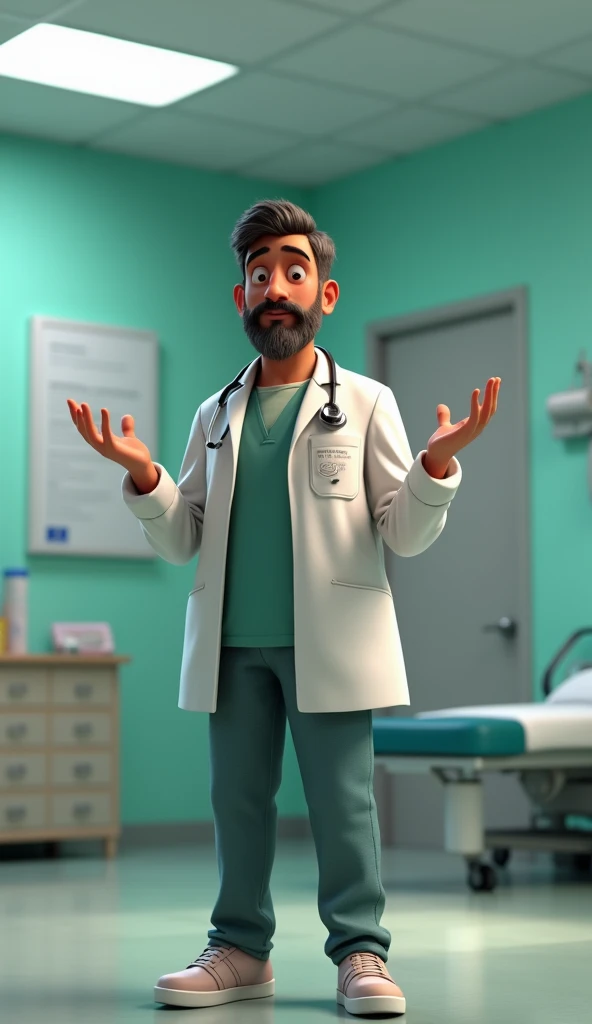 "A Pakistani man of 30 years age pathan, standing in clinic, normal mood, medical dressing, clinic in background" talking by the gesture of hands, 3d disney pixar style image , cartoonic, 3d Disney Pixar Style image.