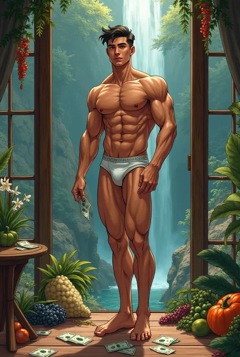 a sexy young man, gay Chinese manhua style, wide muscle,standing in a luxurious room holding money, gay Chinese manhua style, high quality, surrounded by underwear on the floor, Chinese manhua  ((in the background you can see a  large windows to see a  you...