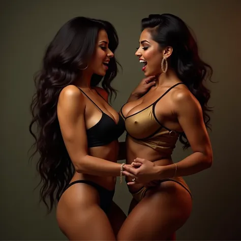 @Mia Thompson and @Zara Patel are shown dancing together in an intense sexual dance that highlights the details of their large breasts and big ass in a huge muscular body. Their faces display features of excitement and intense ecstasy as they engage in str...