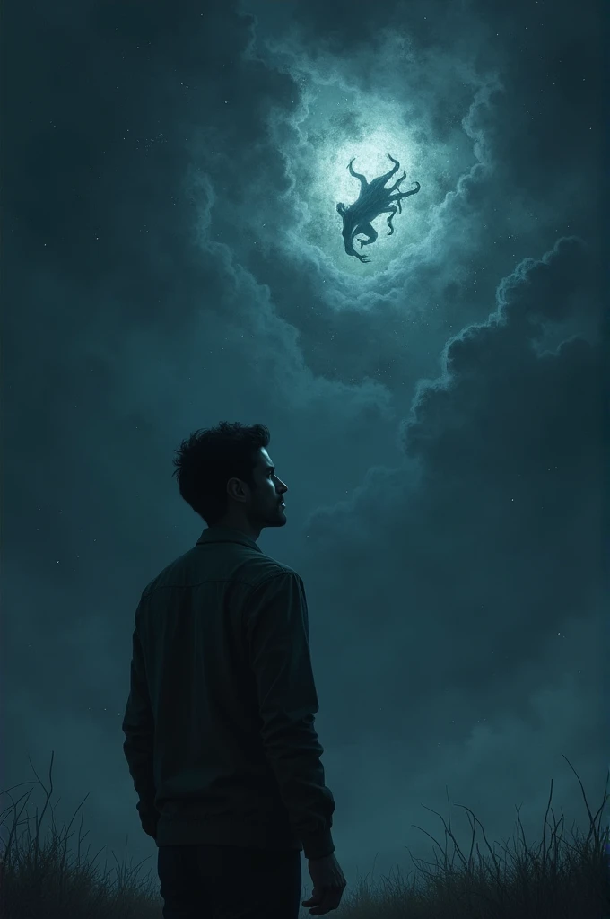 A man looks at the sky at night and horror in the sky