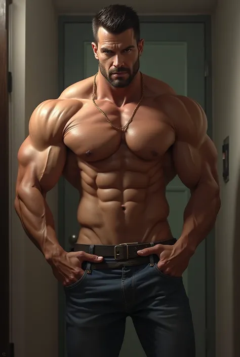 Muscular man takes off his clothes to show his lower body