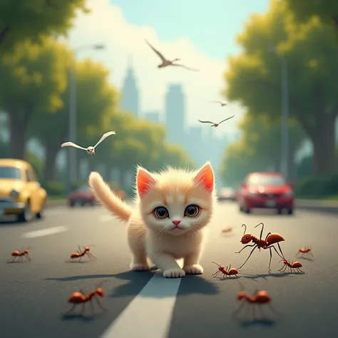 Innocent cat on road walking to eat food ,cars  ants and birds