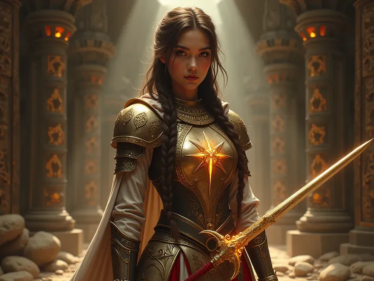 "A concept art of a powerful and elegant Templar girl character standing in the center of a mystical ancient temple. She is wearing detailed, ornate armor with golden and crimson accents, decorated with sacred symbols and intricate geometric patterns. Her ...