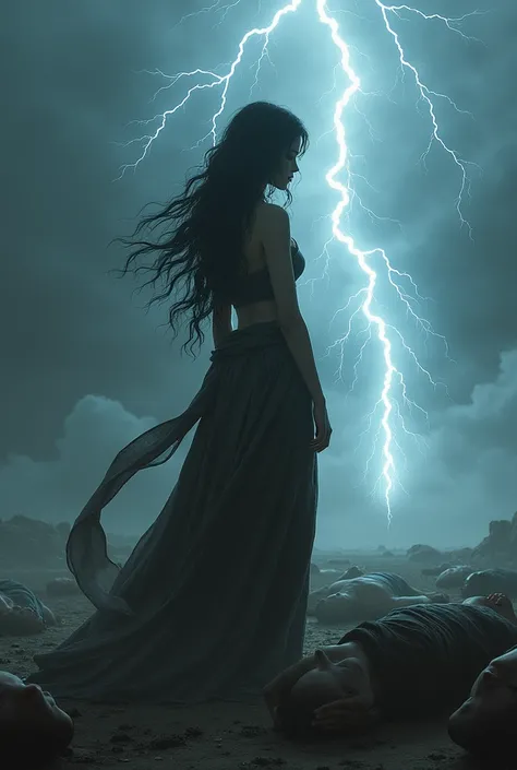  Image of bodies on the ground with lightning falling from the sky in a female human shadow with long wavy dark hair and slave robes 