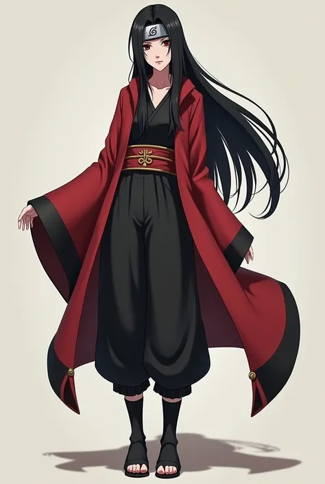  Persogem by Naruto Shippuden anime version :  31-year-old woman with a height of 180 , white skin,  long straight black hair without fringe ,  black eyes and half tight ,  with red eye shadow ,  half-open kimono red with black and gold ,  sleeveless black...