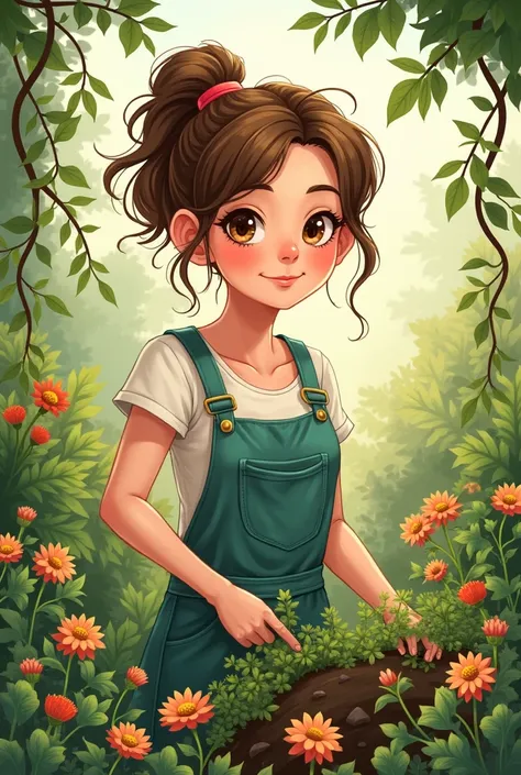 20-year-old brown-haired and brown-eyed gardener. drawing style 