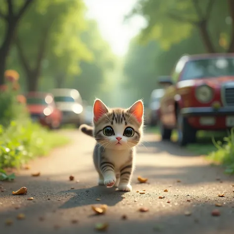 Innocent cat on road walking to eat food ,cars  