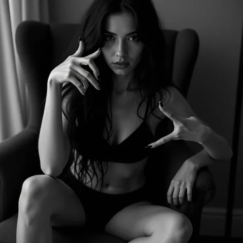 close-up portrait, stylish french model with long dark hair sits on chair, spreads legs, covers face with spread fingers, stylish, extreme, black and white photo, taken by professional