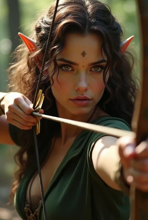 Create a realistic image of a beautiful elf *looking like Adriana Lima 90s* holding a bow and arrow, with curly brown hair and striking golden eyes. Similar to the elves in the movie The Hobbit: The Desolation of Smaug