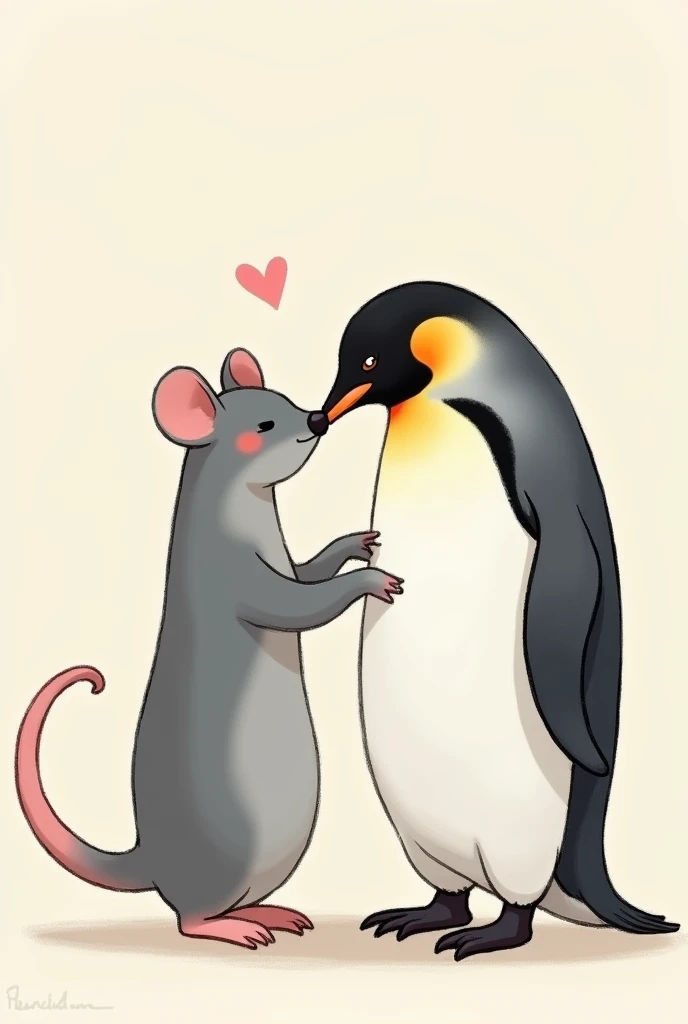  rat and penguin kissing , of the same size ,  the gray rat and the emperor penguin,  without yellow or many details ,  they dont have to be realistic, It can be a 2D drawing 