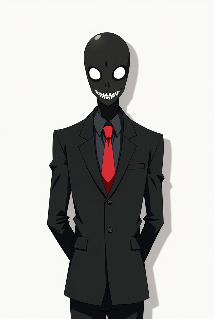  Totally black humanoid creature , looking like an adult male , with empty white eyes without pupils,happy sharp-toothed smile , in a black suit and red tie ,With his hands behind his back ,on white canvas ,2D anime version 