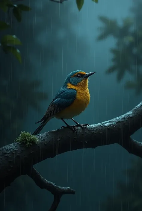 A nice bird is crying on a branch while it is raining at night