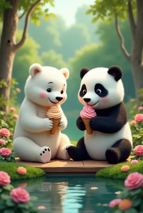 Polar bear and panda eating together eiscream in butiful garden 