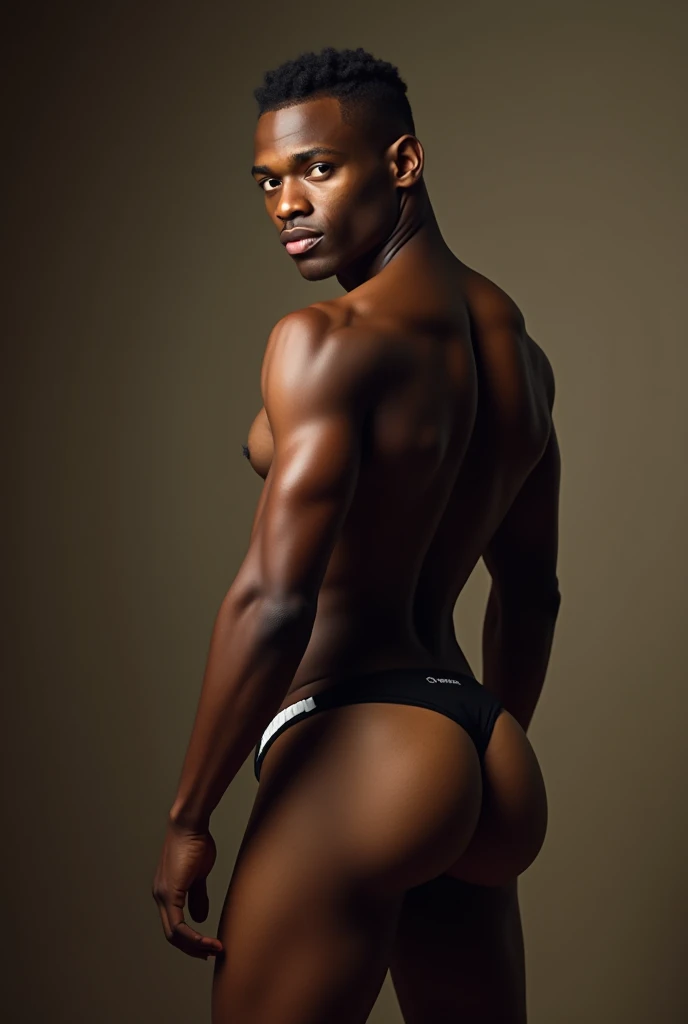 (8K, RAW photo, Highest quality),Realistic,1 black man, short shaved black hair frontage，from the back,Intricate details,Closed mouth,Extremely detailed eyes and eyelash, looking over his shoulder, seen from the back, huge big bbl butt，Muscular male,Manly,...