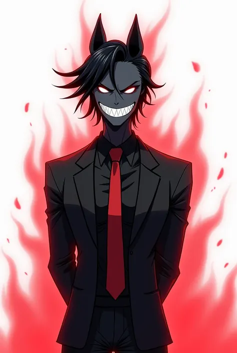  Totally black humanoid creature , with stylish hair brushed to the left black, looking like an adult male , with empty white eyes without pupils,happy sharp-toothed smile , in a black suit and red tie ,With his hands behind his back ,on white canvas ,with...