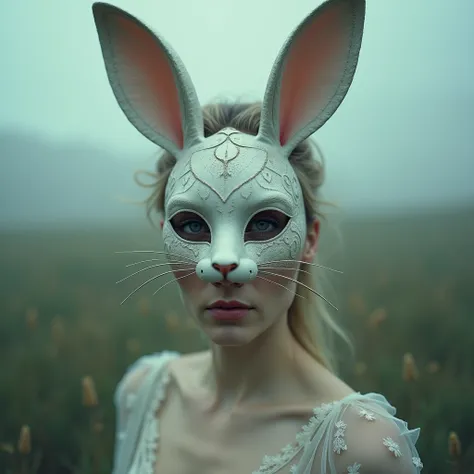 Create a photo of a beautiful woman wearing a bunny mask 
