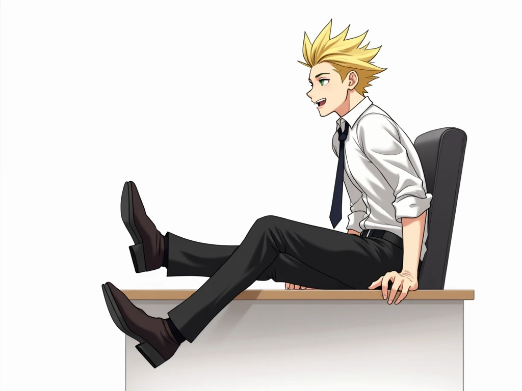 anime man,  green eyes ,  ulybka,  beautiful , High,  the white shirt ,  black pants , black tie,  stylish hairstyle , blond, hair like a hedgehog,   on a white background,   side view,   sits on the office desk with his legs hanging down, moves his legs c...