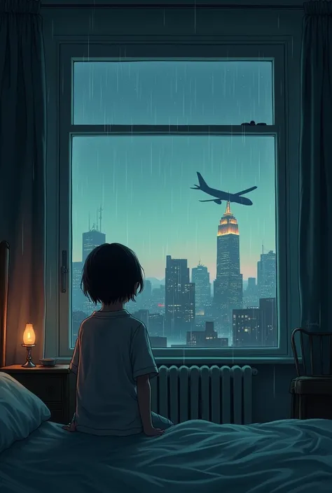 room with window , Plane flying over , city background, Evening, rain, song cover format