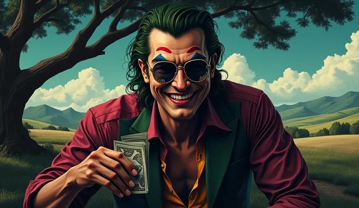 "Create a highly detailed bollywood film -style illustration of a joker, looks like gangster sitting on a tree , and looking at camera with laughing , holding a money in one hand.vintage-style sunglasses with ornate metallic frames, featuring intricate flo...