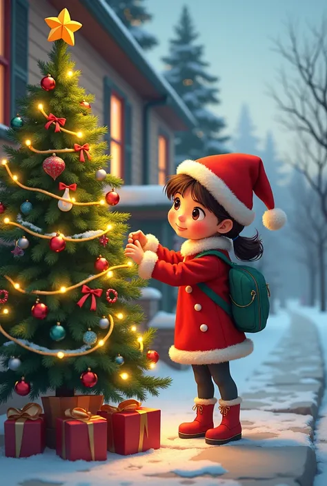  a girl decorating a tree that is on the side of the sidewalk of her house , That tree is decorating for Christmas 