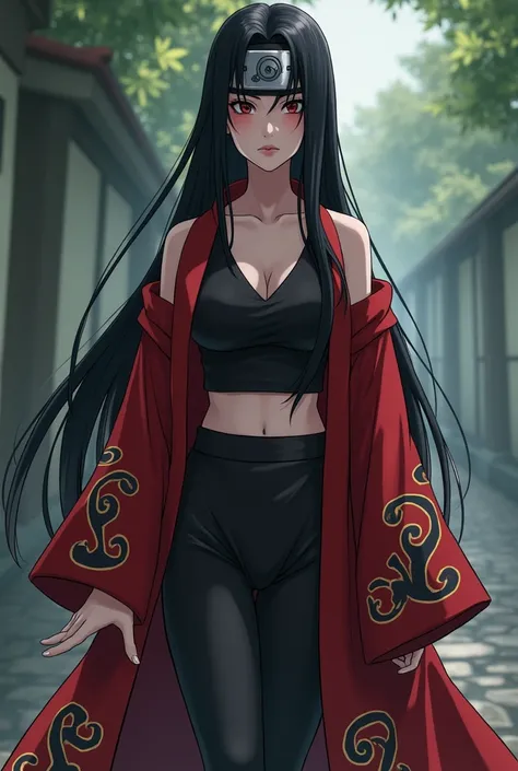 Character from Naruto Shippuden anime version: 31 year old woman, 180 tall, white skin, long straight black hair without bangs, black eyes and half pulled, with red eye shadow, half open red kimono with black and gold, black sleeveless shirt inside it with...