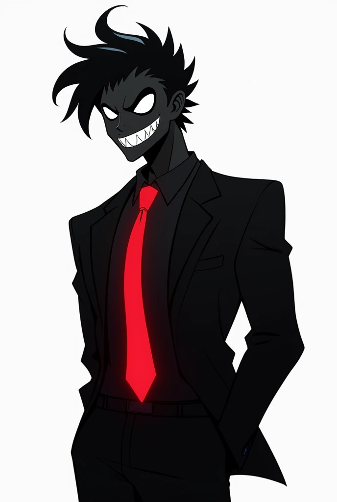  Totally black humanoid creature shadow,no nose, with stylish hair brushed to the left black,looking like an adult male , with empty white eyes without pupils,happy sharp-toothed smile , in a black suit and red tie ,With his hands behind his back ,on white...