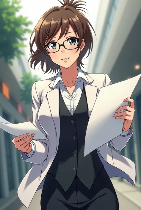 in anime,  a brown-haired woman, short tied hair,  black eyes , glasses, white jacket, black suit underneath and a series of papers in the hand 