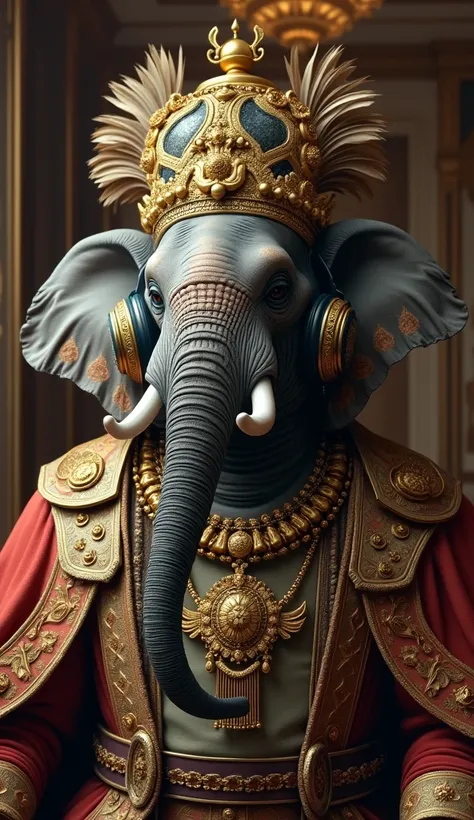 A hyper-realistic depiction of an awe-inspiring elephant showcasing unparalleled greatness while listening to music. The elephant is dressed in an ambassador’s attire, featuring a stunning, intricately designed hat with rare, ornate feathers and a regal ro...