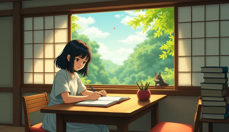 Girl studying Ghibli style from the olden days