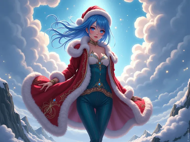 epic anime art ,  christmas clothes,  blue eyes 