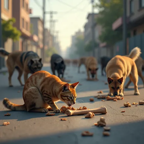   Brown cat eat food on road and bones eating dogs 