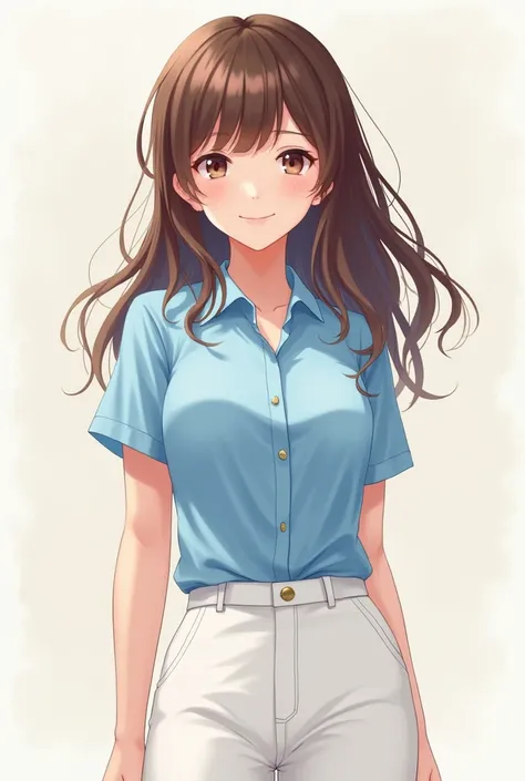 Anime girl aged 16 with brown hair and light blue shirts, very big breasts and White pants