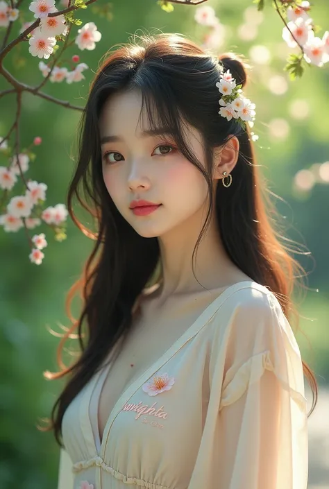 A beautiful white woman who looks like a Korean girl wearing a Deres shirt, light colored ,  has the inscription Twilight Elvaretta on the front of her shirt,  Her long hair is slightly wavy , there are thin bangs ,  wearing cute accessories ,  is standing...