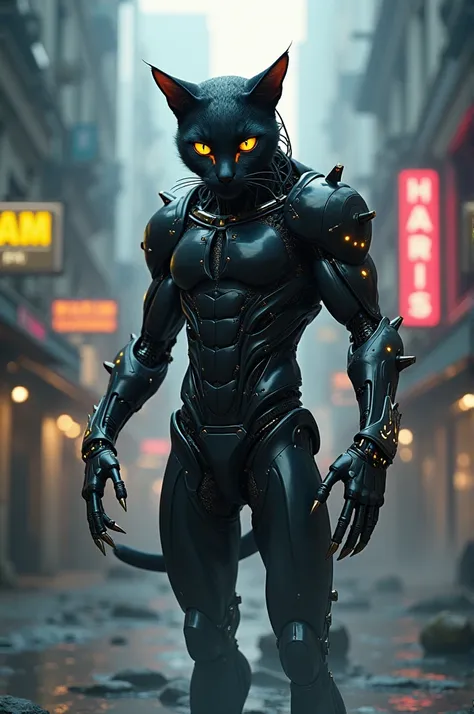 Create a black cat with a mans body with cybernetic parts