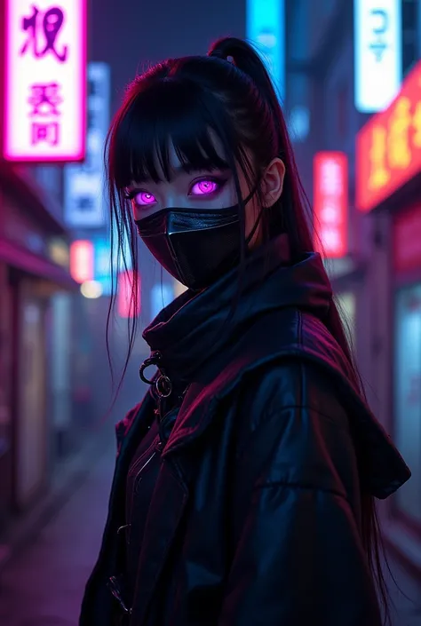 dark alley,  Cyberpunk,  skinny beautiful samurai cyborg girl, neon light, portrait, samurai floor mask ,  fiery shining purple eyes ,  against Japanese characters purple ,  blue and red street signs , Focus on the girl 