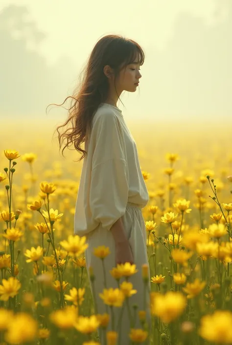 A boy of 15, 47, slim,looks like a girl with backlength hair, wearing a loose top, and baggy trousers in a field of primrose 