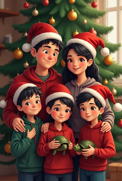  A Christmas image of a family made up of a total of 7 members; a father,  a mother , three ren, a granddaughter and a pet turtle ; The father is Caucasian ,  short black hair ;  the mother is Caucasian ,  wavy black hair ;  the older brother is the talles...