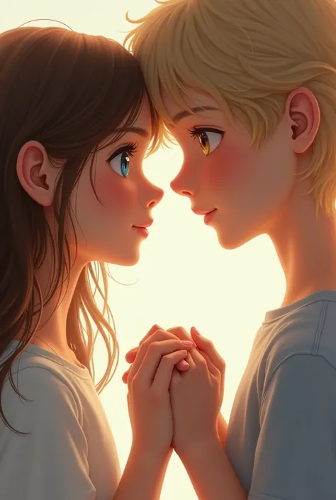 A girl with blue-gray eyes and brown-haired hair and a boy with blond hair and brown eyes hold hands 