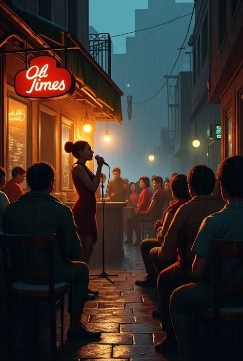 a bar seen from the side, with a sign reading "old times", on a rainy day, with warm tones, with many people inside the bar paying attention to the show of a black woman singing into a microphone on the stage in the middle of the bar at the back, and next ...