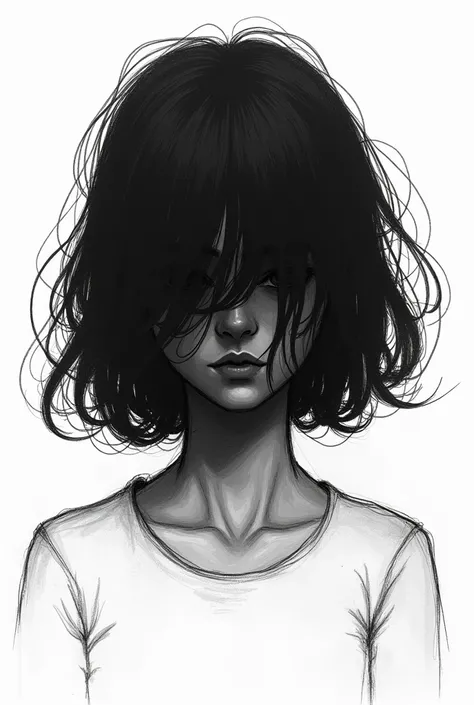  Make an abstract black and white drawing , scribbled, From a girl with short hair below her shoulder A BIT WAVY, don&#39;t show her face. I want something to convey love and strangeness  