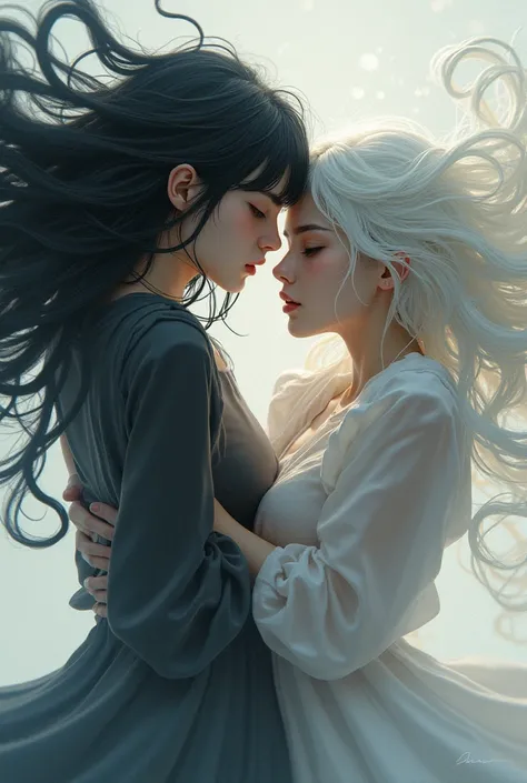 An depiction of two girls struggling to break free from each other while being physically merged at their sides. One girl has long flowing black hair, and the other has cascading white hair, their expressions showing tension and determination as they try t...