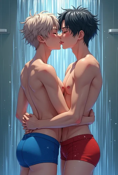 Sexy very young oiled skinny little cute anime boys in wet blue red short tights under the shower kissing each other and enjoyed it