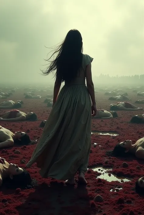 Field of bodies with blood on the ground and a feminine human shadow with long wavy dark hair and dirty slave robes 