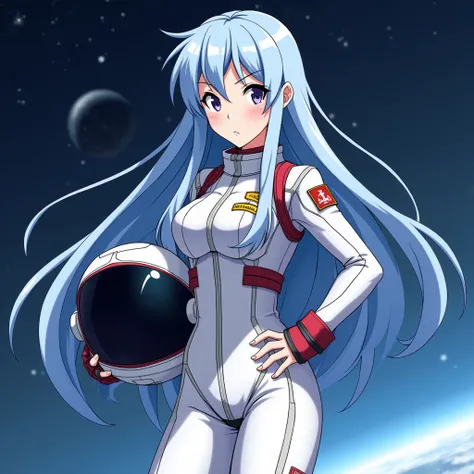 An anime-style female astronaut standing confidently in a futuristic space suit. She has long, flowing hair, possibly in a vibrant color like blue or silver, and is wearing a sleek, high-tech spacesuit with a helmet in one hand. The suit is adorned with ad...